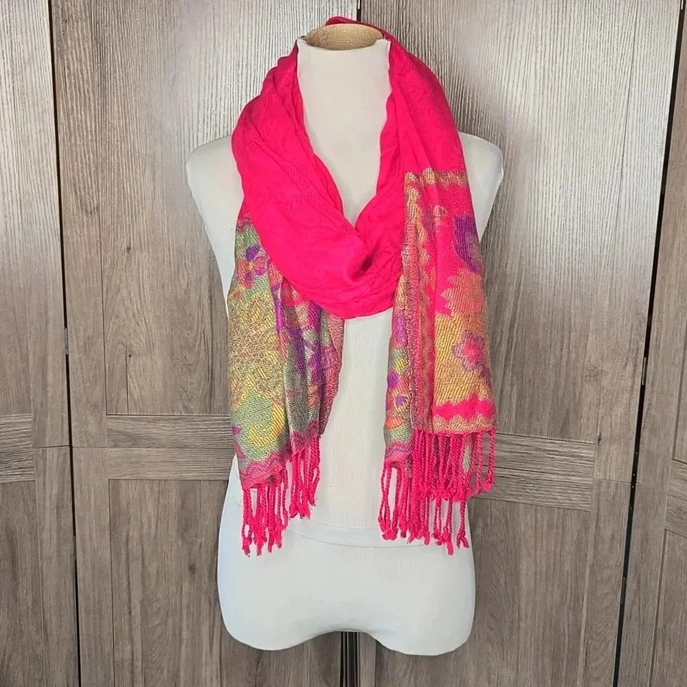 Pink Multicolor Fringe Scarf Boho Lightweight Oversized Wrap